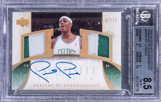 2005-06 UD "Exquisite Collection" Emblems of Endorsements #EMPP Paul Pierce Signed Game Used Patch Card (#07/15) - BGS NM-MT+ 8.5/ BGS 10